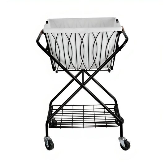 A black metal laundry cart with wheels, featuring a white fabric liner and a lower wire shelf.