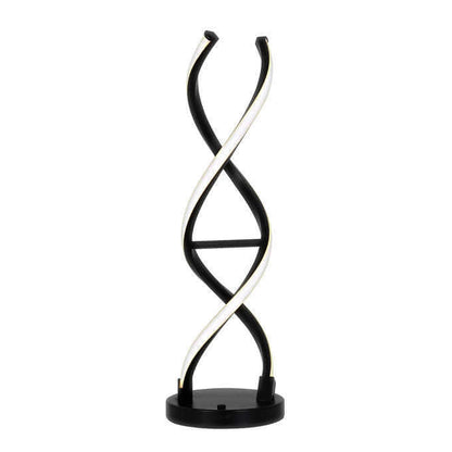 A sleek, black and white helix-shaped LED floor lamp with a circular base.