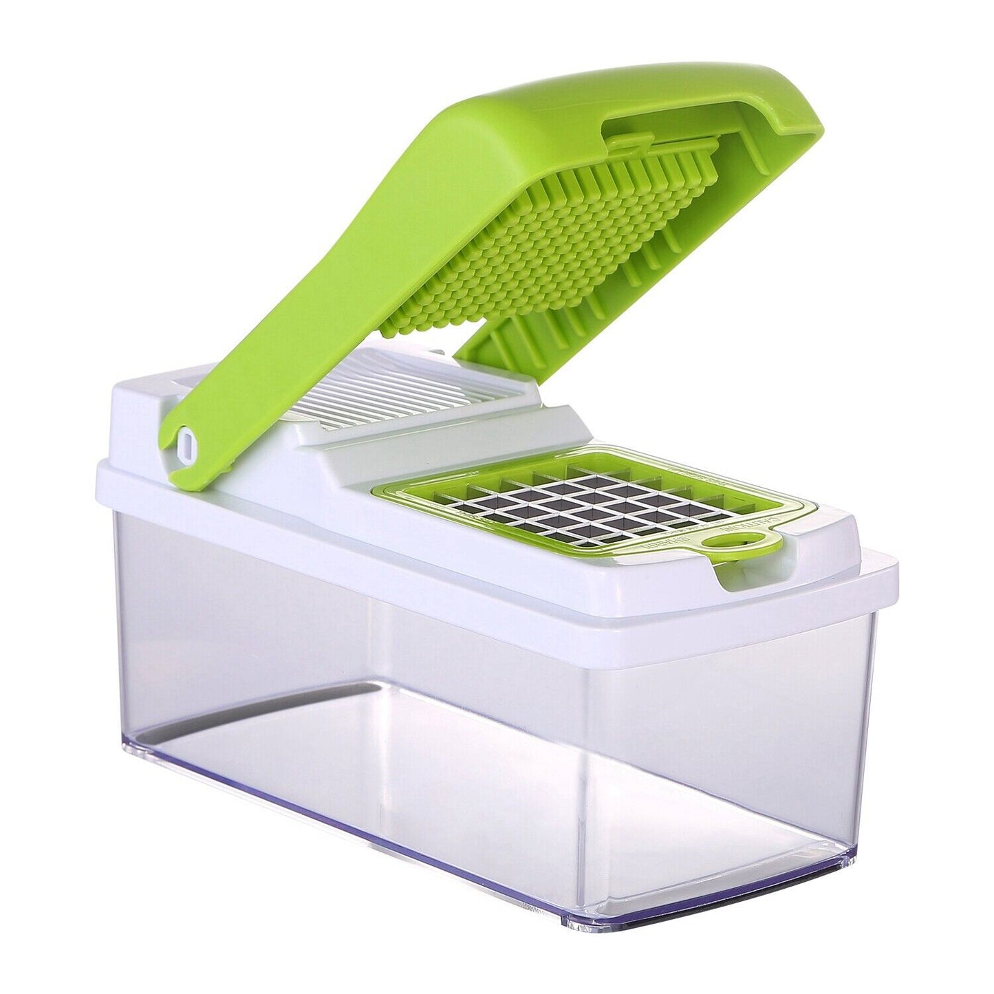 A green and white food processor with a plastic lid, perfect for preparing meals efficiently.