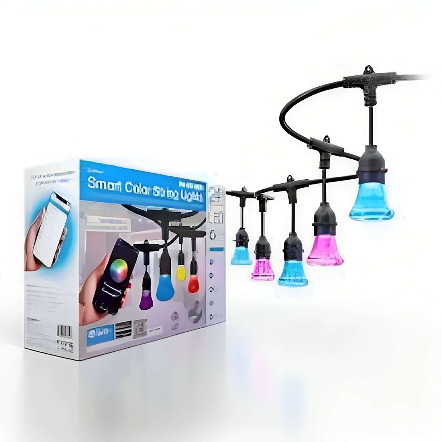 The image shows a product packaging for smart color string lights with a smartphone app control feature, alongside the actual string of lights with colored bulbs in various hues.