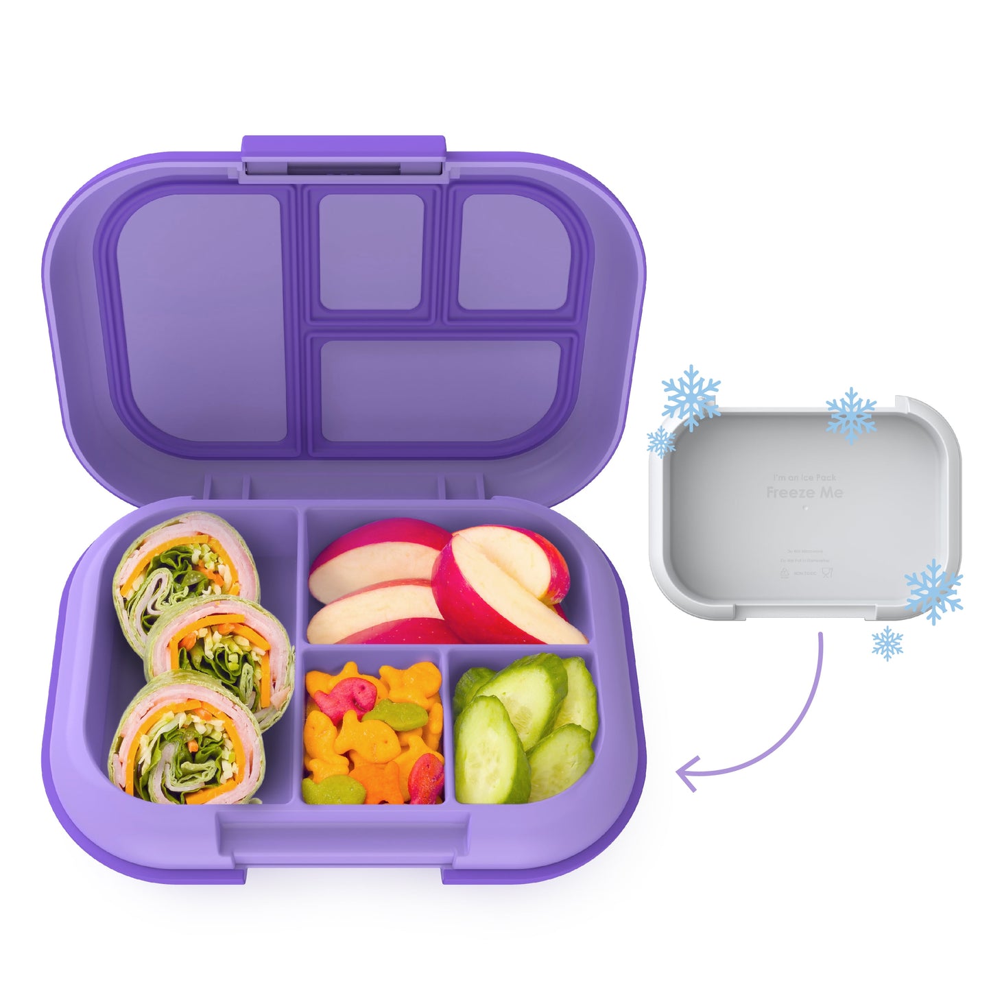 An insulated purple lunch box showcasing separate compartments filled with veggie wraps, sliced apples, goldfish crackers, and cucumber slices.