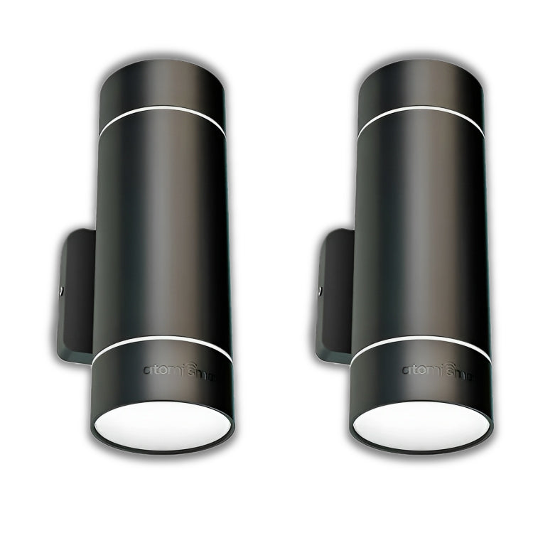 The image features two cylindrical Atomi Smart wall sconces with a black finish and white illuminated rings at the top and bottom.