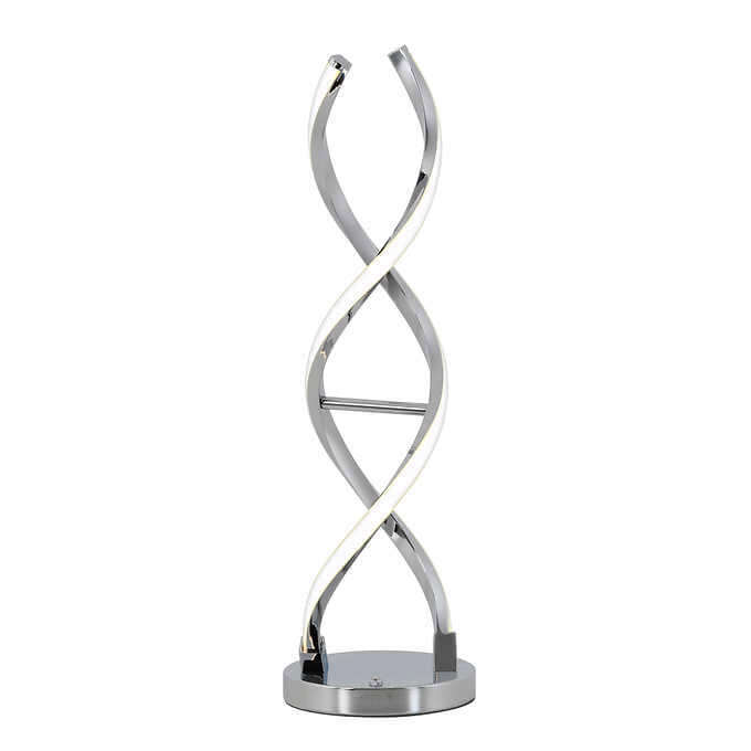 A modern, silver, helix-shaped floor lamp with a sleek design and a circular base.