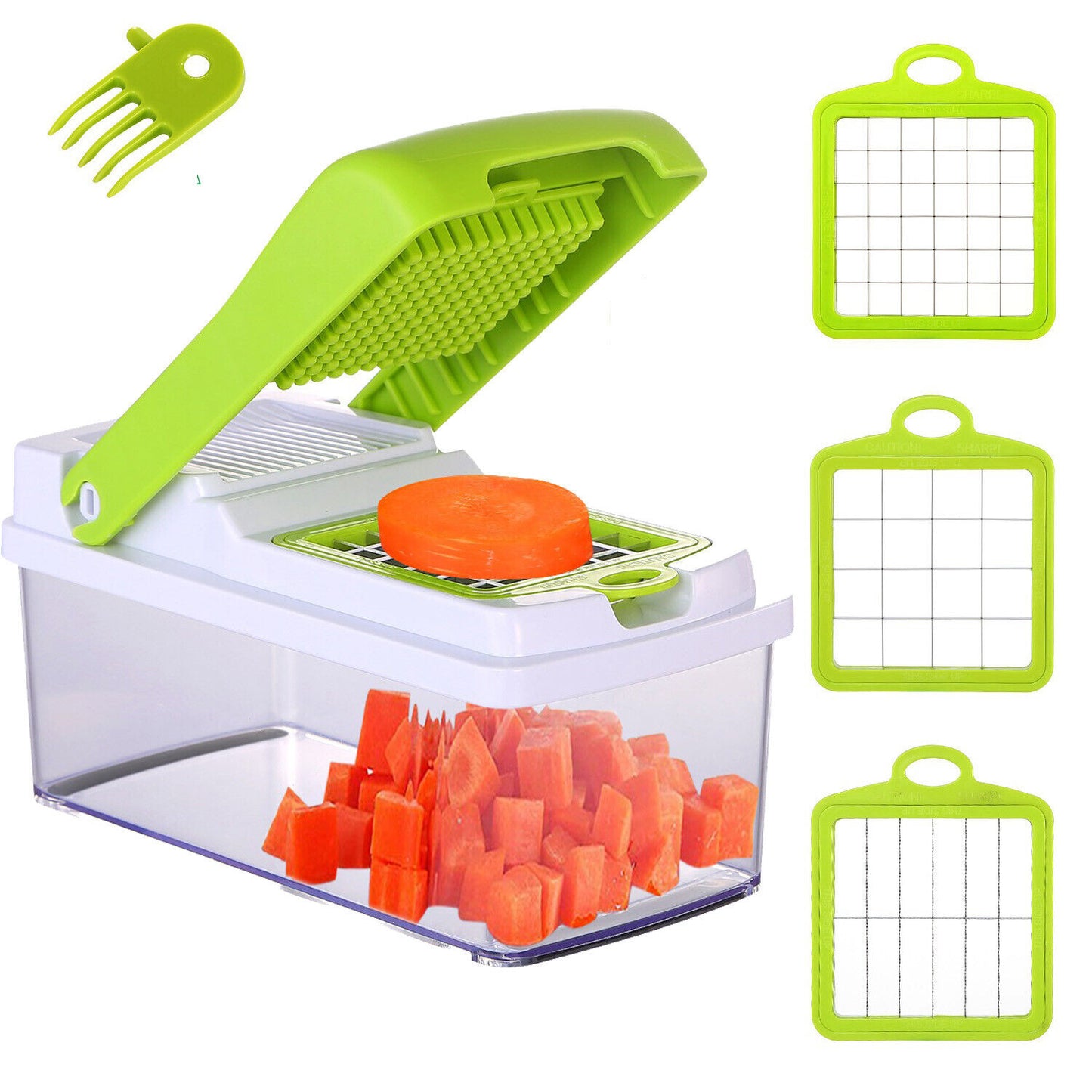 A vegetable slicer with four assorted vegetables inside, ready to be sliced and diced.