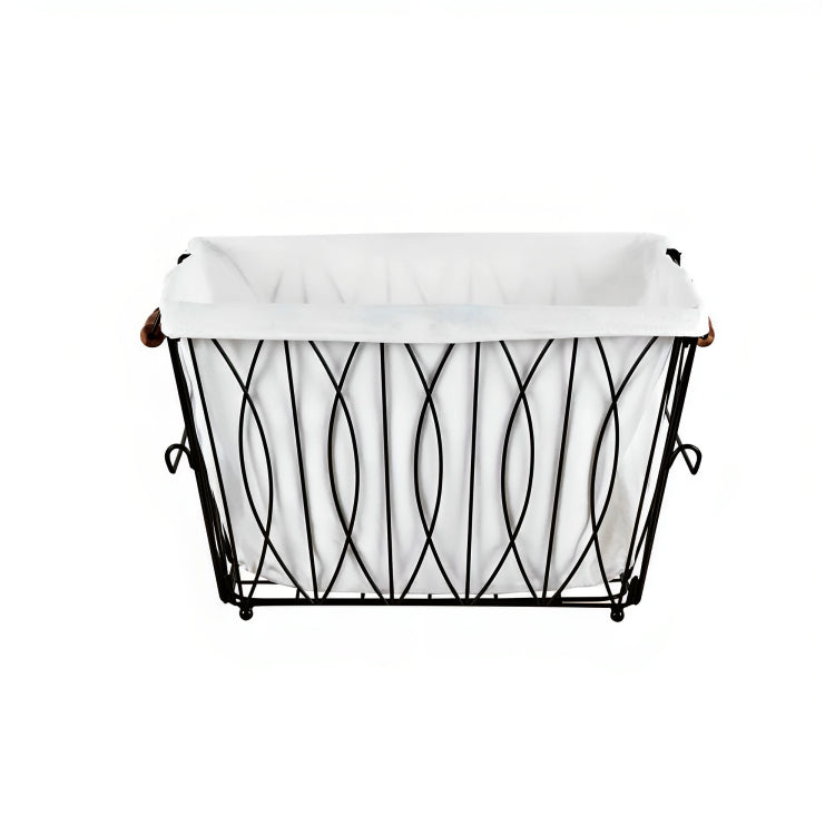 A black metal wire laundry basket with a white fabric liner and brown handles.