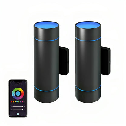 The image displays a two-pack of Atomi Smart Wifi Wall Lights or Sconces, which are cylindrical in shape with customizable blue lighting accents, controllable via a smartphone app.