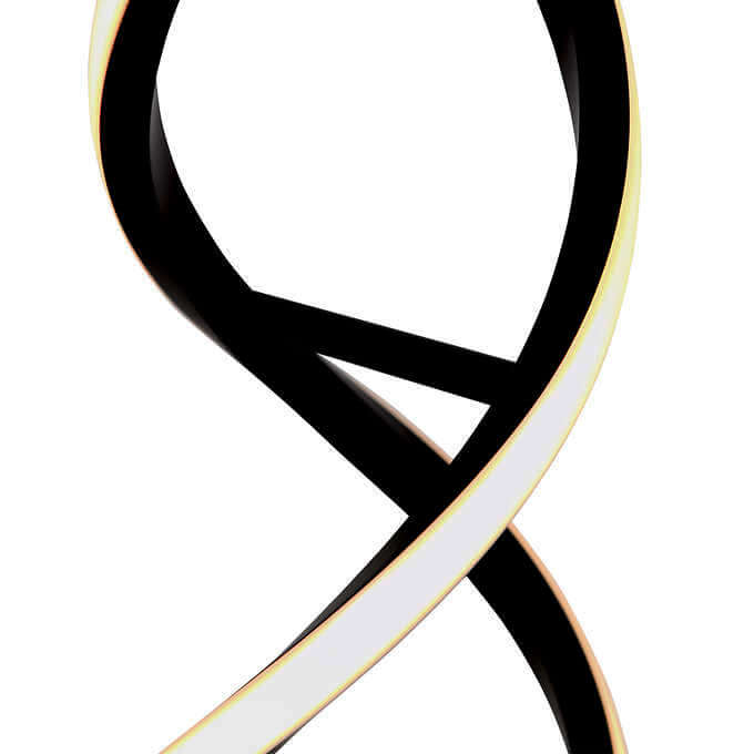 A stylized image showing a black ribbon-like structure intertwined in a loop, illuminated along its inner edge, suggestive of a contemporary lamp design.