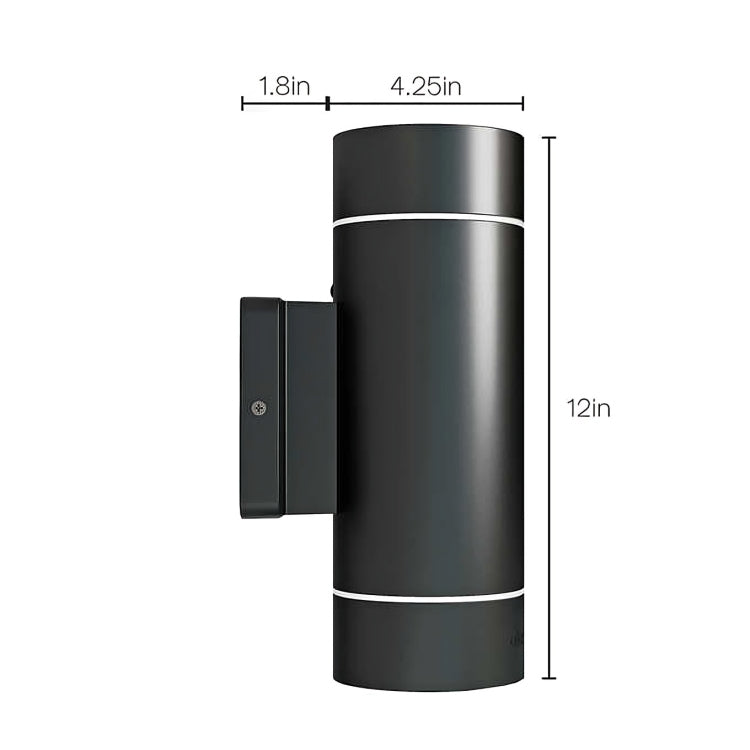 A black cylindrical outdoor wall light with dimensions: 4.25 inches in width, 1.8 inches in depth, and 12 inches in height.