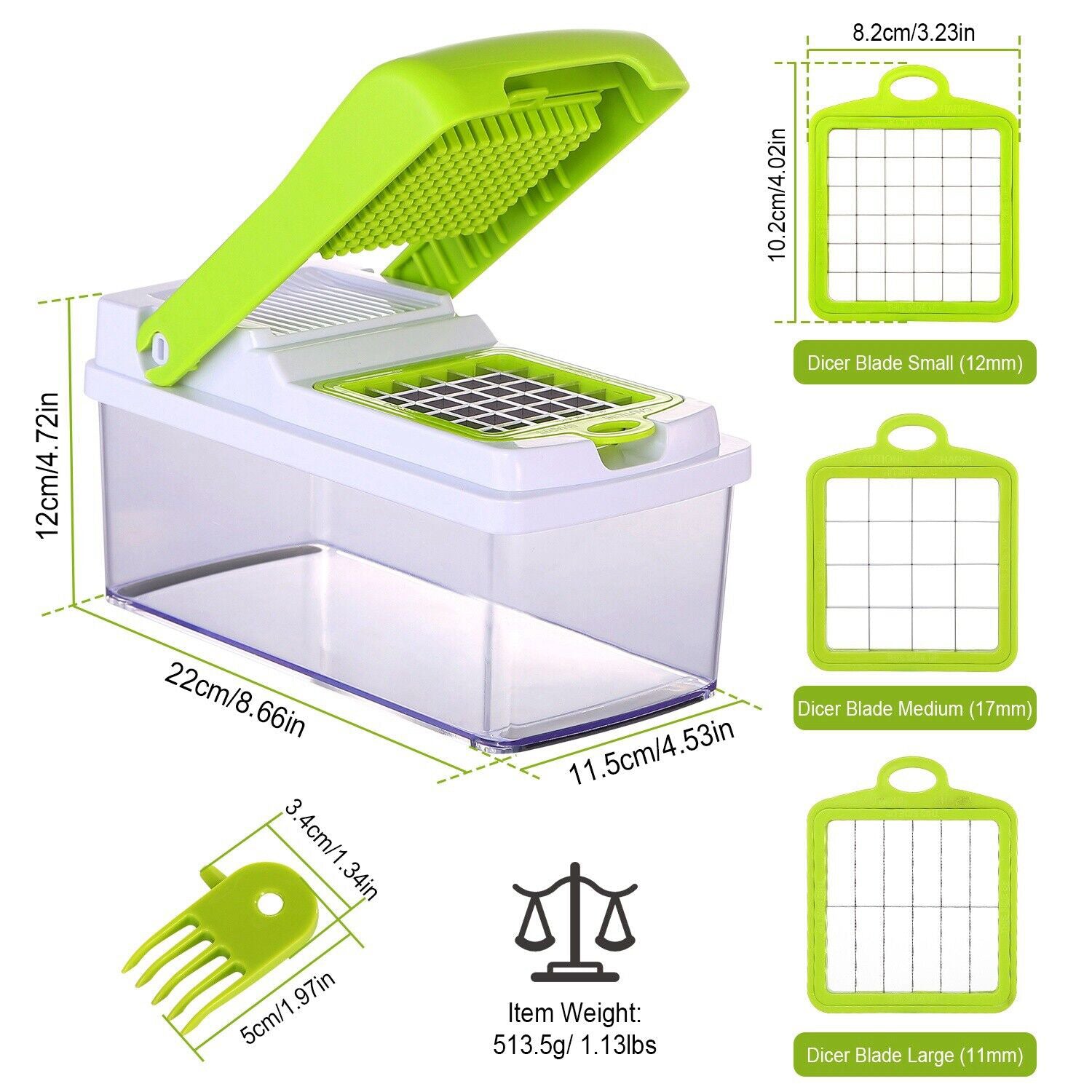 A compact food processor in green and white, featuring measurements for precise cooking and baking.