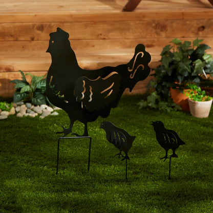 Chicken Family Black Metal Garden Stake Set