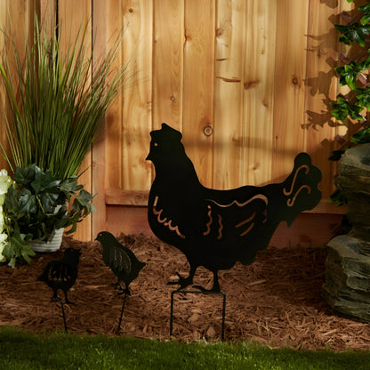 Chicken Family Black Metal Garden Stake Set