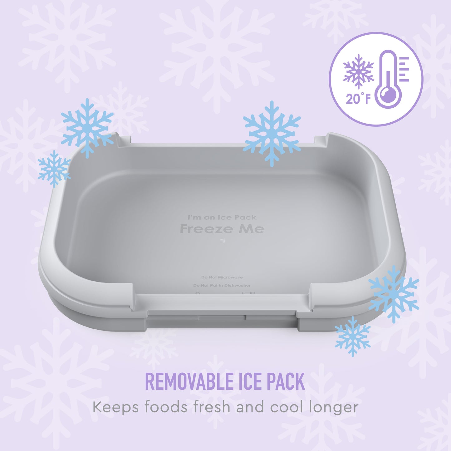 An image showcasing a removable ice pack from a Bentgo lunch box, with snowflake designs around and a thermometer indicating it keeps food fresh at 20°F.