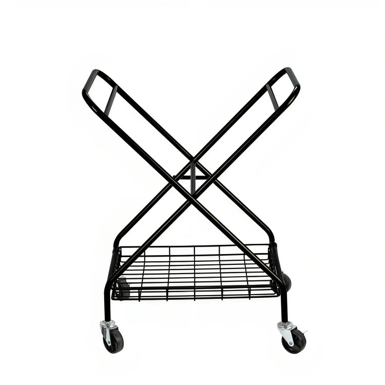 A black metal frame for a laundry cart with four caster wheels and a lower wire shelf, shown without its laundry bag.