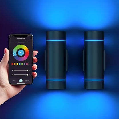 The image shows a smartphone with a color control app in hand, alongside a pair of Atomi Smart Wifi Wall Lights or Sconces that have blue lighting accents, set against a blue gradient background.