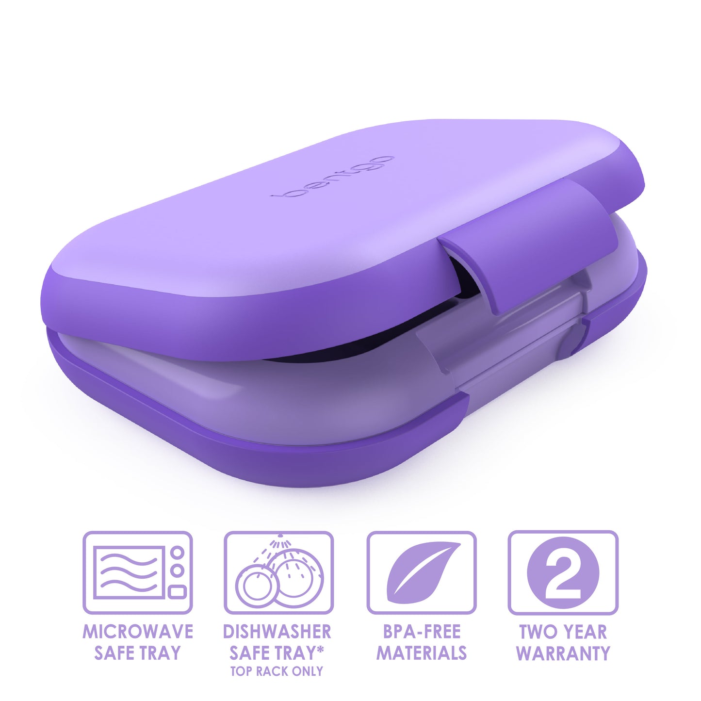 A closed purple Bentgo lunch box with icons indicating its features: microwave safe tray, dishwasher safe tray (top rack only), made with BPA-free materials, and includes a two-year warranty.