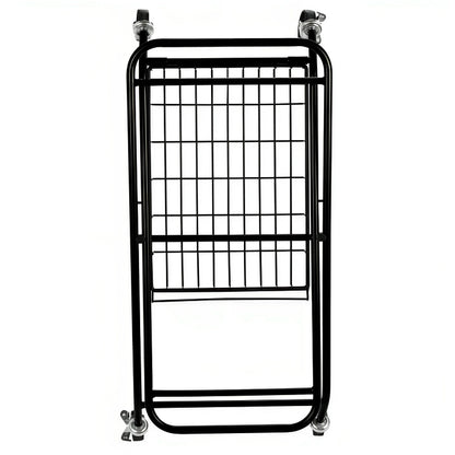 A vertical image of a black metal laundry cart frame with a grid design and caster wheels, shown from a top-down perspective.