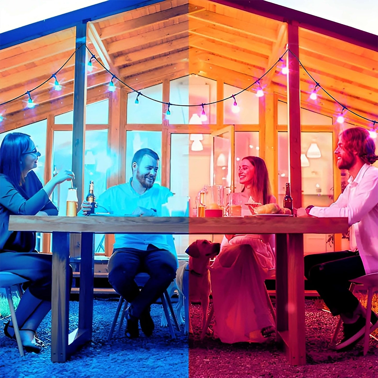 A split image of two couples dining outside under a string of colored lights, with each half bathed in a different colored light: blue on the left and red on the right.