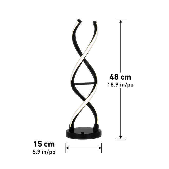 A black helix-shaped lamp with illuminated curves, measuring 48 cm in height and 15 cm in diameter at the base.