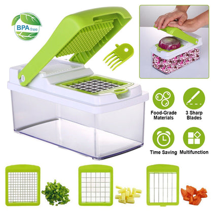 A vegetable slicer with a variety of vegetables and other items.