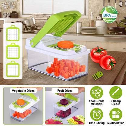 A vegetable slicer showcasing a variety of vegetables being sliced into thin, uniform pieces.