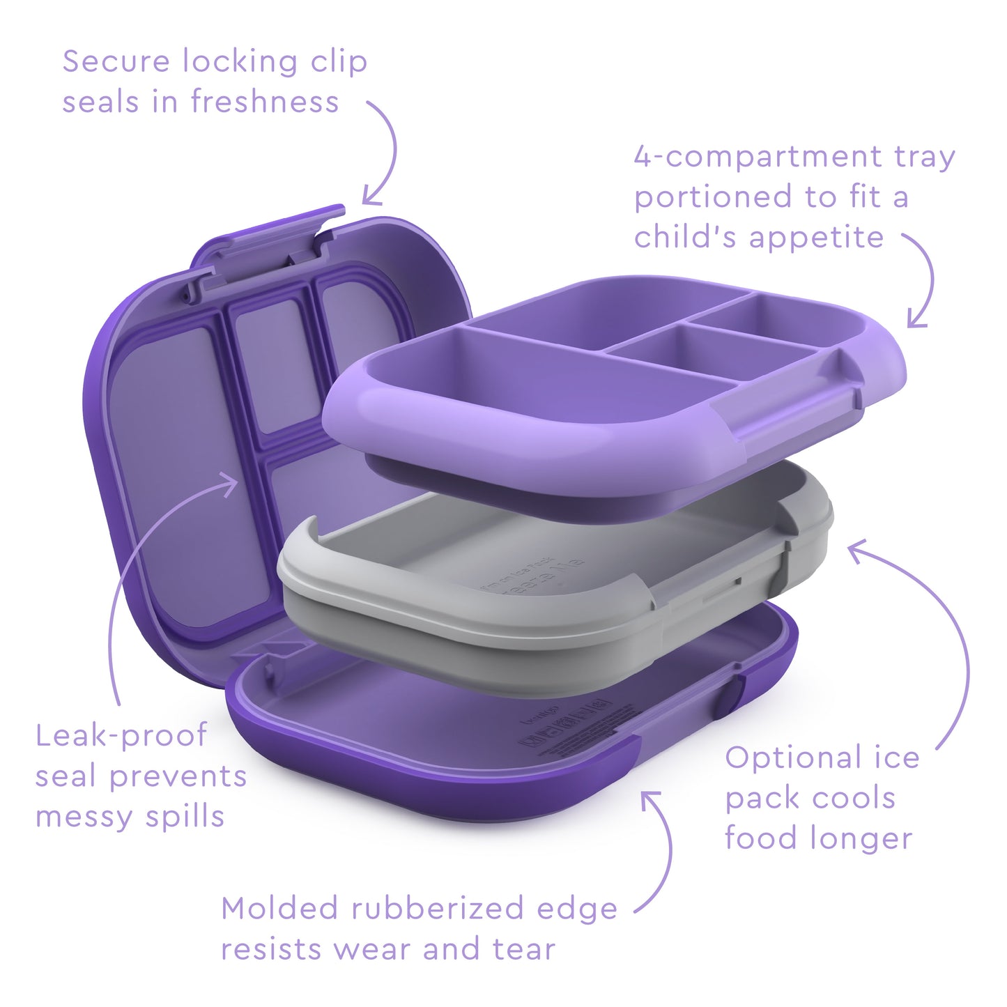 A purple Bentgo kids lunch box with a secure locking clip, leak-proof seal, and compartments, featuring a durable design and optional ice pack.