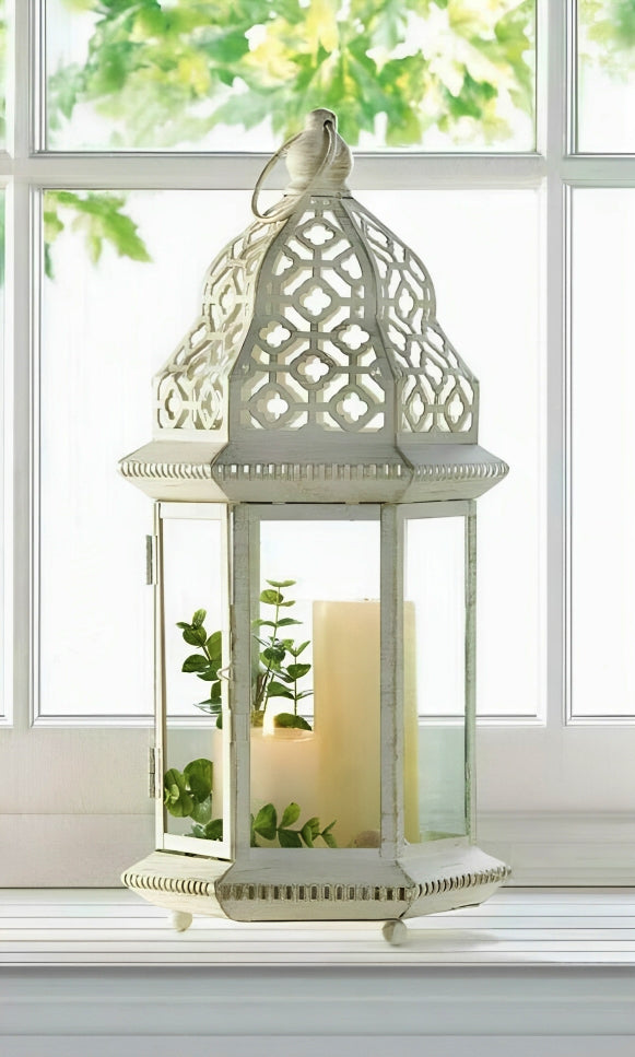 Vintage-Look White Candle Lantern - 16 inches