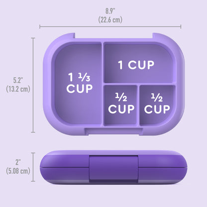 A diagram of a purple Bentgo lunch box tray with compartments labeled 1 ⅓ cup, 1 cup, and two ½ cup sections, alongside dimensions of 8.9" width, 5.2" depth, and 2" height.