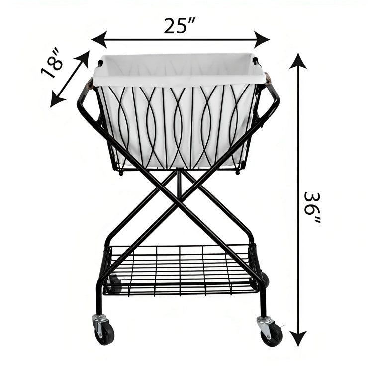 A black wheeled laundry cart with dimensions labeled: 25 inches wide, 18 inches deep, and 36 inches tall, including a white fabric liner.