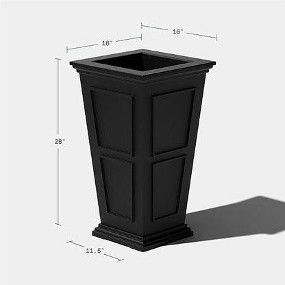 A black planter with height and width measurements displayed.