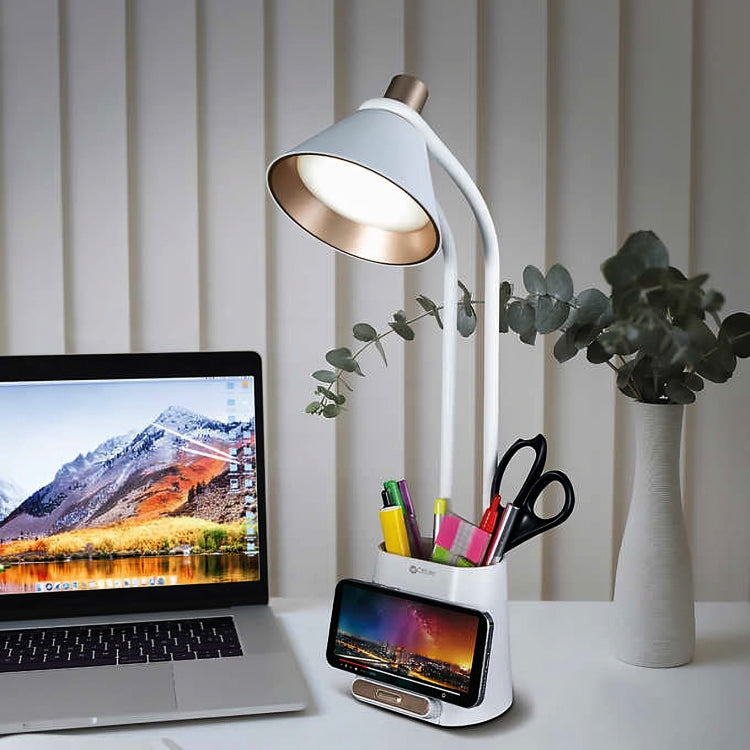 OttLite LED Desk Organizer Lamp with Wireless Charging Stand, White 