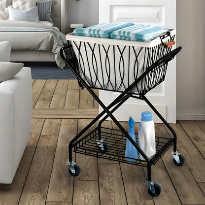 A black wheeled laundry cart with towels and laundry detergents, placed on a hardwood floor in a home setting.