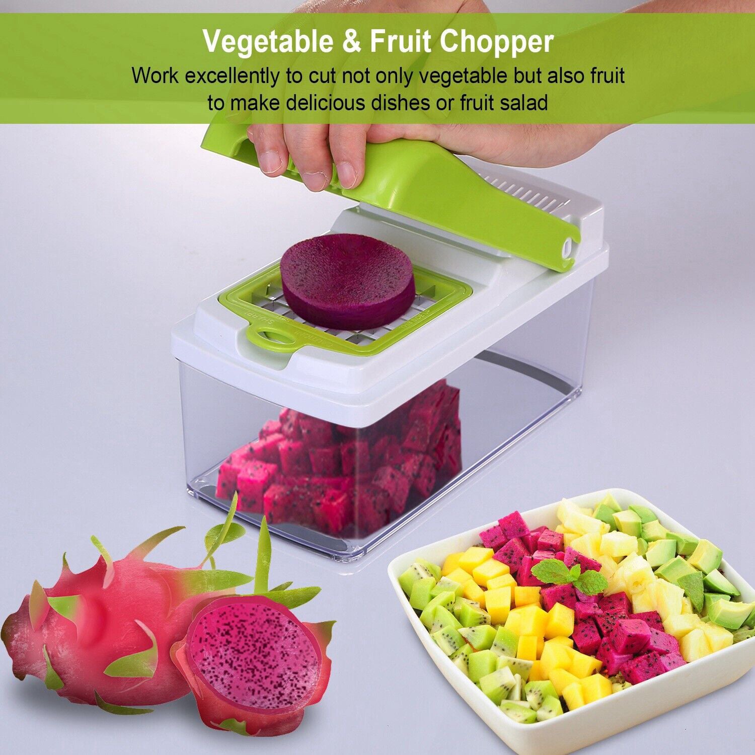 A person using a vegetable and fruit chopper to effortlessly prepare ingredients for cooking.