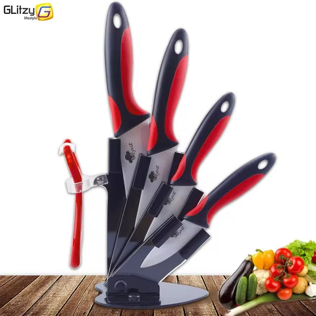 Ceramic Kitchen Knife Set | 3", 4", 5", 6" White Blade Chef Knives with Stand & Peeler | Anti-Slip Handle for Fruits & Vegetables