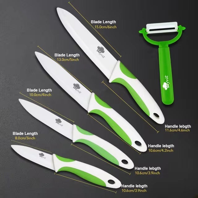 Ceramic Kitchen Knife Set | 3", 4", 5", 6" White Blade Chef Knives with Stand & Peeler | Anti-Slip Handle for Fruits & Vegetables