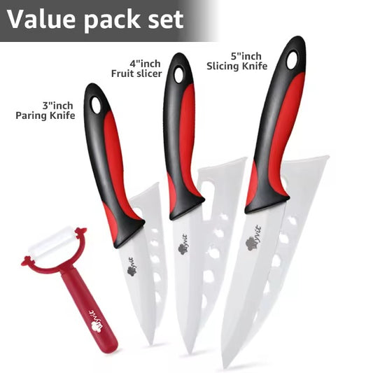 Ceramic Kitchen Knife Set | 3", 4", 5", 6" White Blade Chef Knives with Stand & Peeler | Anti-Slip Handle for Fruits & Vegetables