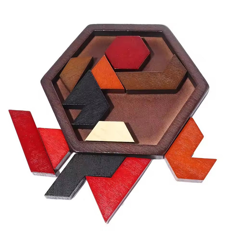 Hexagonal Wooden Tangram Puzzle - IQ Brain Teaser for Adults