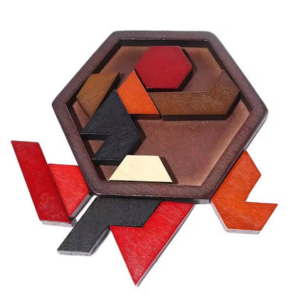 Hexagonal Wooden Tangram Puzzle - IQ Brain Teaser for Adults