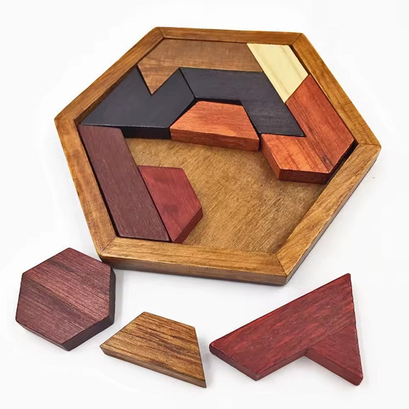 Hexagonal Wooden Tangram Puzzle - IQ Brain Teaser for Adults