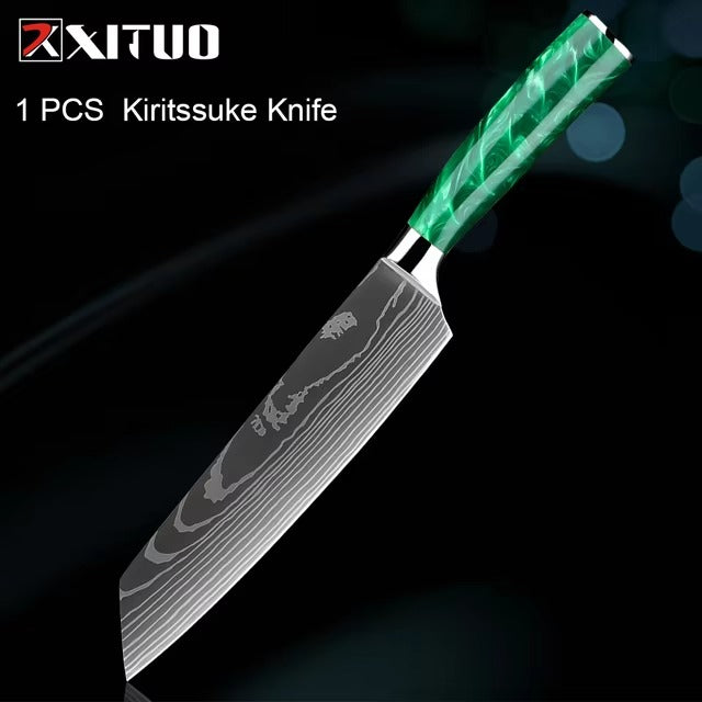 New Stainless Steel Kitchen Knife Set with Green Resin Handle