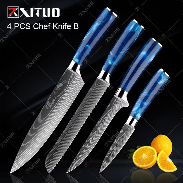 Exquisite Kitchen Knife Set with Blue Resin Handle