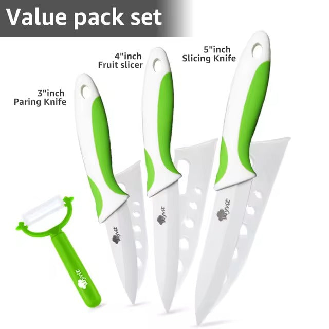 Ceramic Kitchen Knife Set | 3", 4", 5", 6" White Blade Chef Knives with Stand & Peeler | Anti-Slip Handle for Fruits & Vegetables