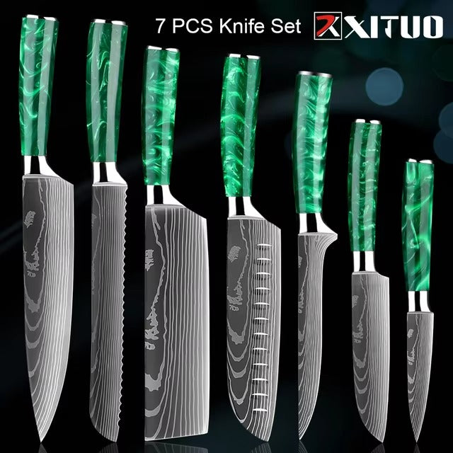 New Stainless Steel Kitchen Knife Set with Green Resin Handle