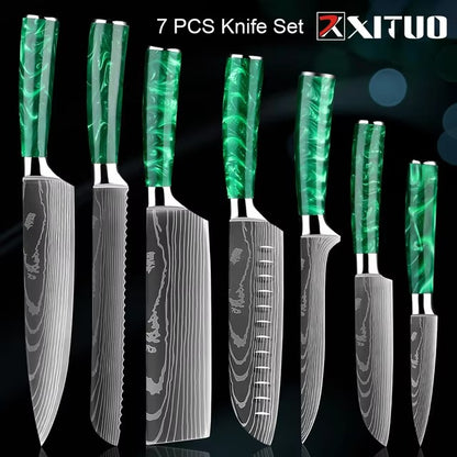 New Stainless Steel Kitchen Knife Set with Green Resin Handle