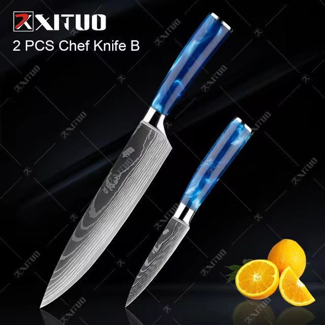 Exquisite Kitchen Knife Set with Blue Resin Handle