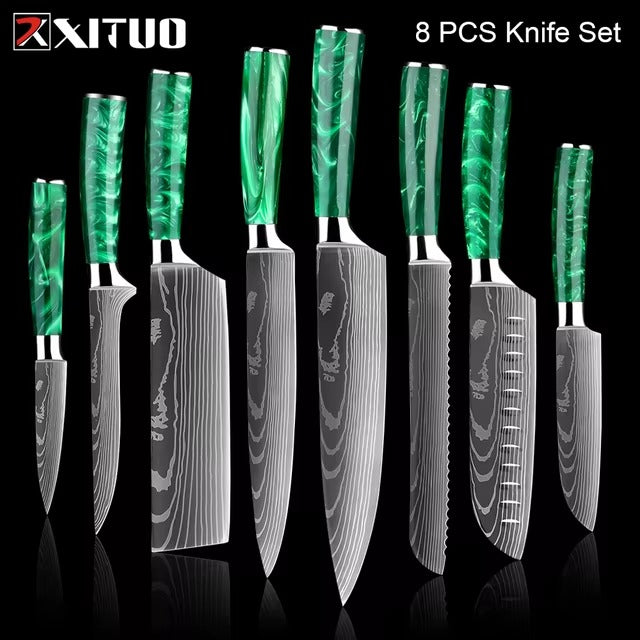 New Stainless Steel Kitchen Knife Set with Green Resin Handle