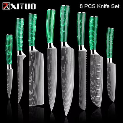 New Stainless Steel Kitchen Knife Set with Green Resin Handle