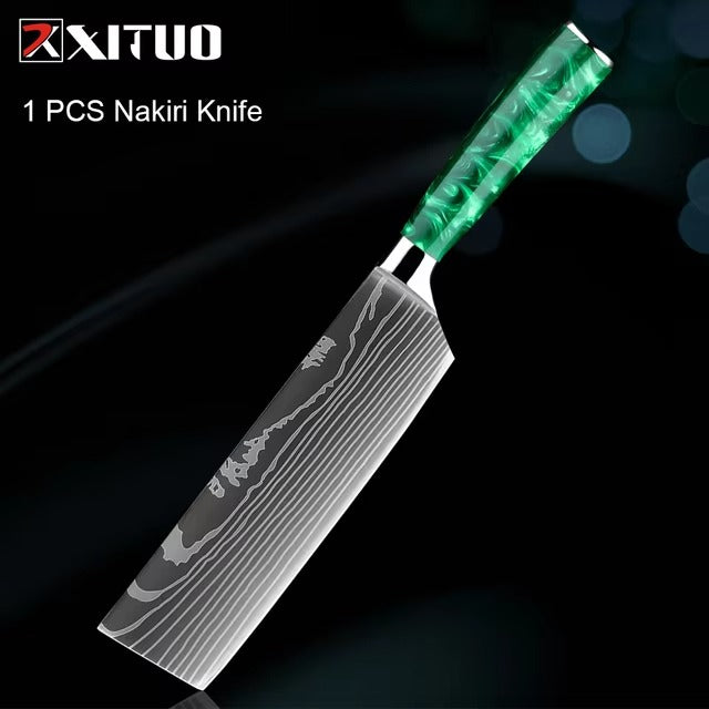 New Stainless Steel Kitchen Knife Set with Green Resin Handle