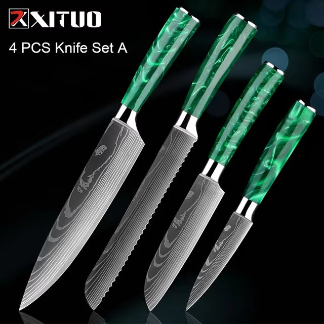 New Stainless Steel Kitchen Knife Set with Green Resin Handle