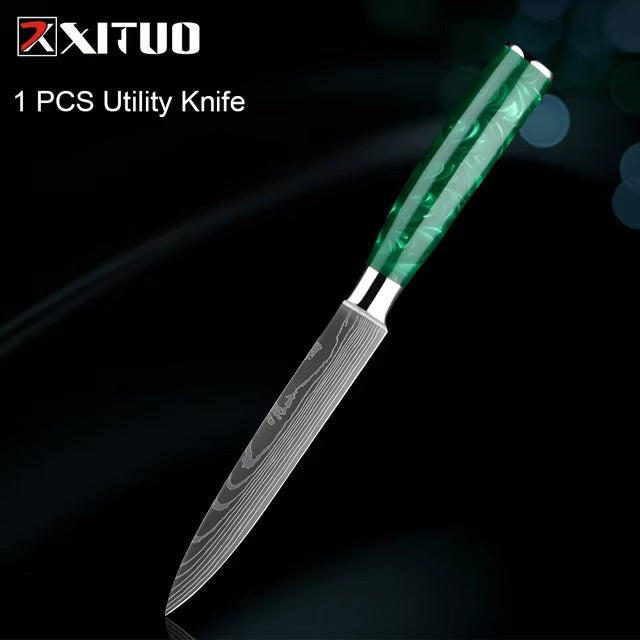 New Stainless Steel Kitchen Knife Set with Green Resin Handle