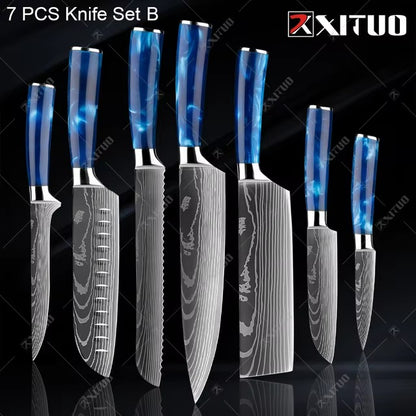 Exquisite Kitchen Knife Set with Blue Resin Handle